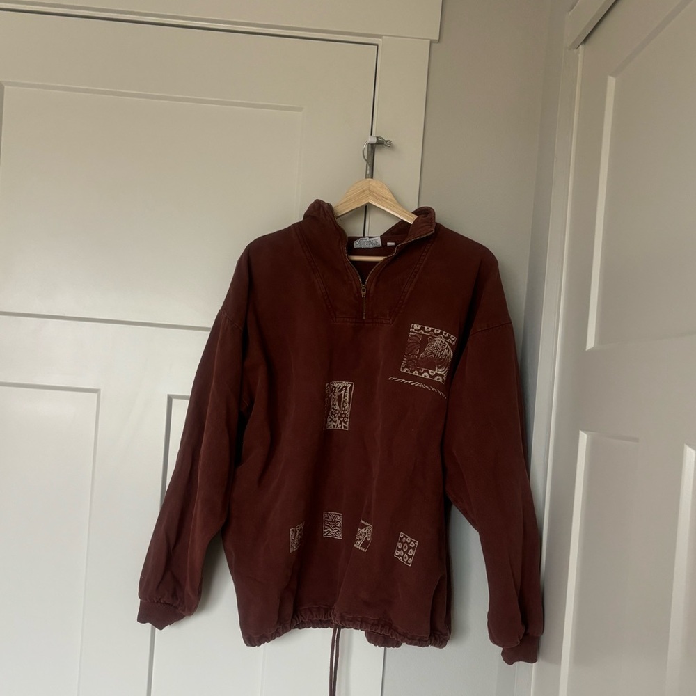 Vintage Canvas Rust Brown Pullover Quarter Zip Jacket with Safari Design